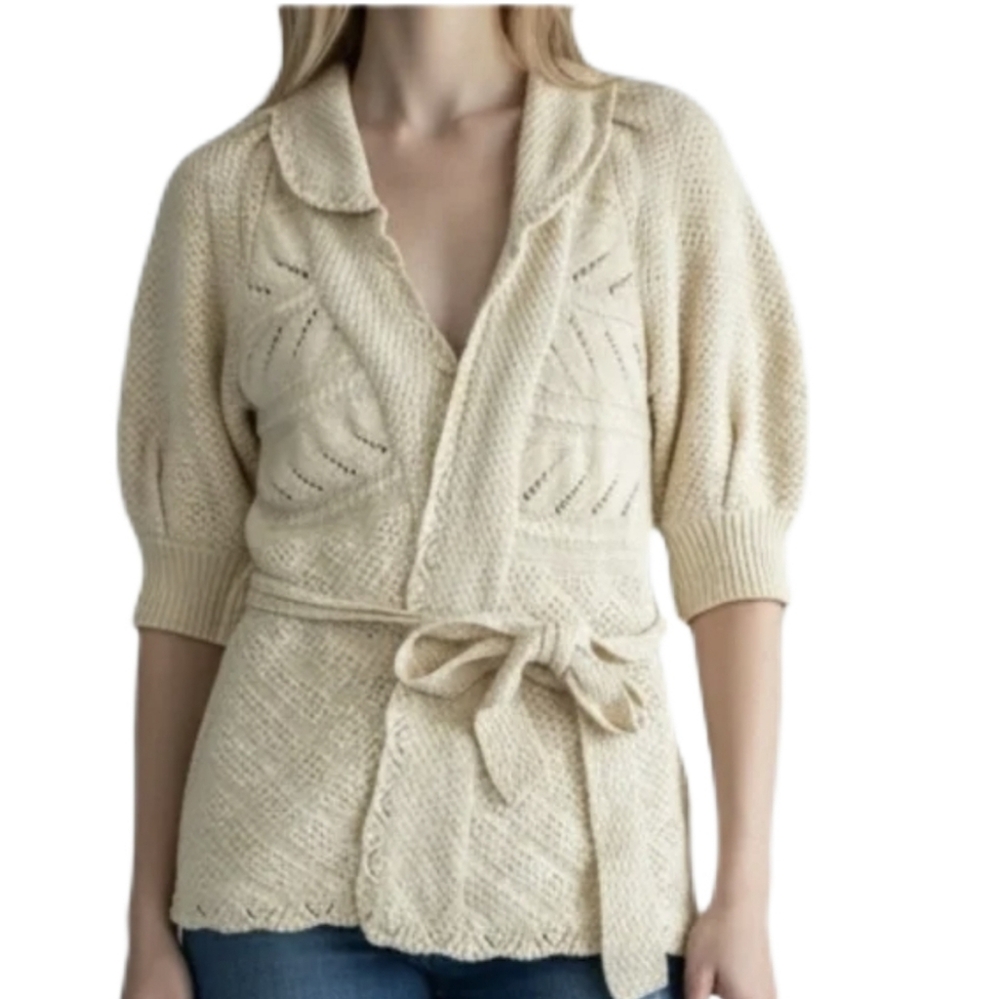 Juicy Couture Women's Cream Open Front Knit‎ Short Sleeve Cardigan Sweater Large